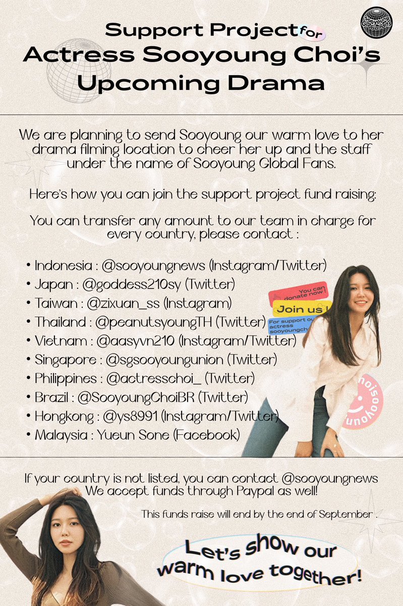 sooyoungnews's tweet photo. Hello 🥰

As you all know, Sooyoung has been offered 2 different dramas! 
Upon that news, we are going to prepare a support project for her upcoming drama with Sooyoung’s global fans.

For those who donates will get a chance to send Sooyoung a handwritten letter!

our DM is open! https://t.co/6bHCWhDkfq