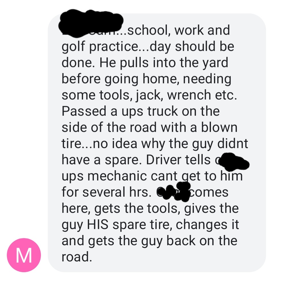 Sandy_Webb's tweet image. Hey @UPS got this text from a friend about her grandson...how about replacing his spare tire for him?!