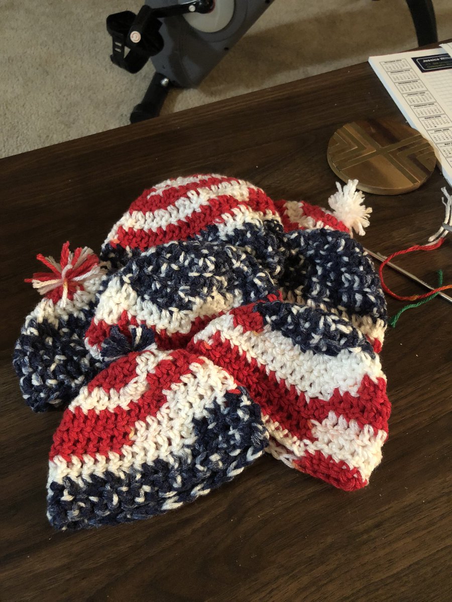 Bought this yarn to make July 4th newborn hats, but then burned out on crocheting… finished it all up and took them to the nursery tonight for the 9/11 babies