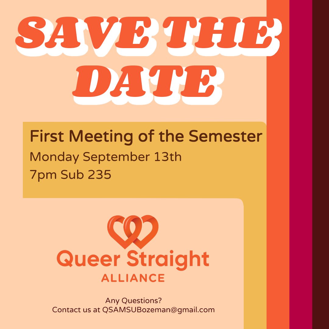 qsamsu's tweet photo. Our first meeting this semester will be Monday the 13th at 7pm in MSU SUB room 235. Masks will be required at this meeting.

We will be going over introductions and introducing everyone to resources available here at MSU. See you Monday!

#QSA #MSU #MontanaState https://t.co/RCwNvRoTRB