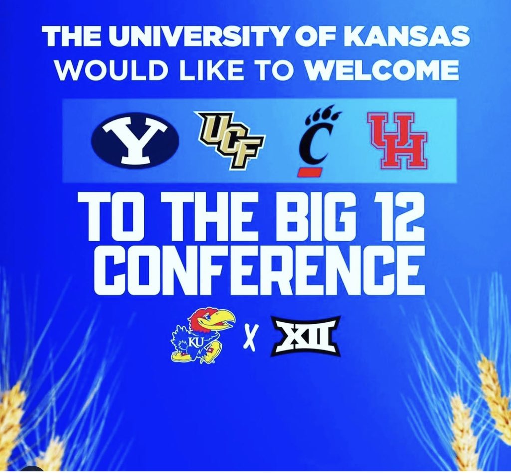 FakeDManning's tweet photo. ๐ต๐ด ๐ก The way I look at it #Kansas We ONLY lost OU Football, Texas hasnโt won SHIT in football or basketball. We added 4 quality teams. Worst case I say this is an even trade #4For1 #jayhawks #kubball #kufball #rockchalk ๐ก๐ด๐ต https://t.co/MHD2fSqYoK