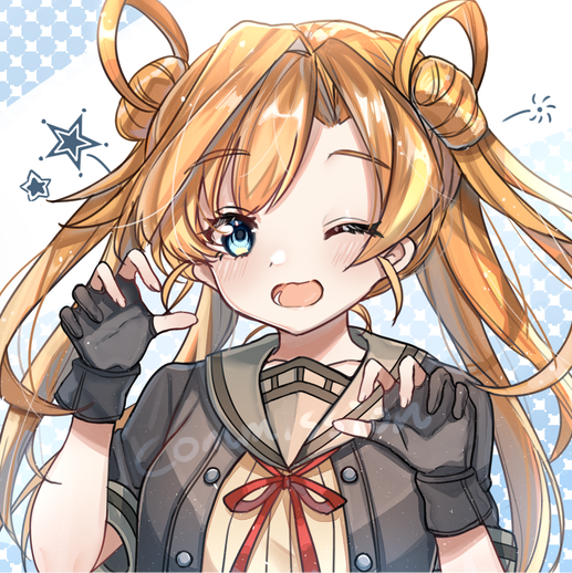 abukuma (kancolle) 1girl solo partially fingerless gloves double bun gloves one eye closed hair bun  illustration images