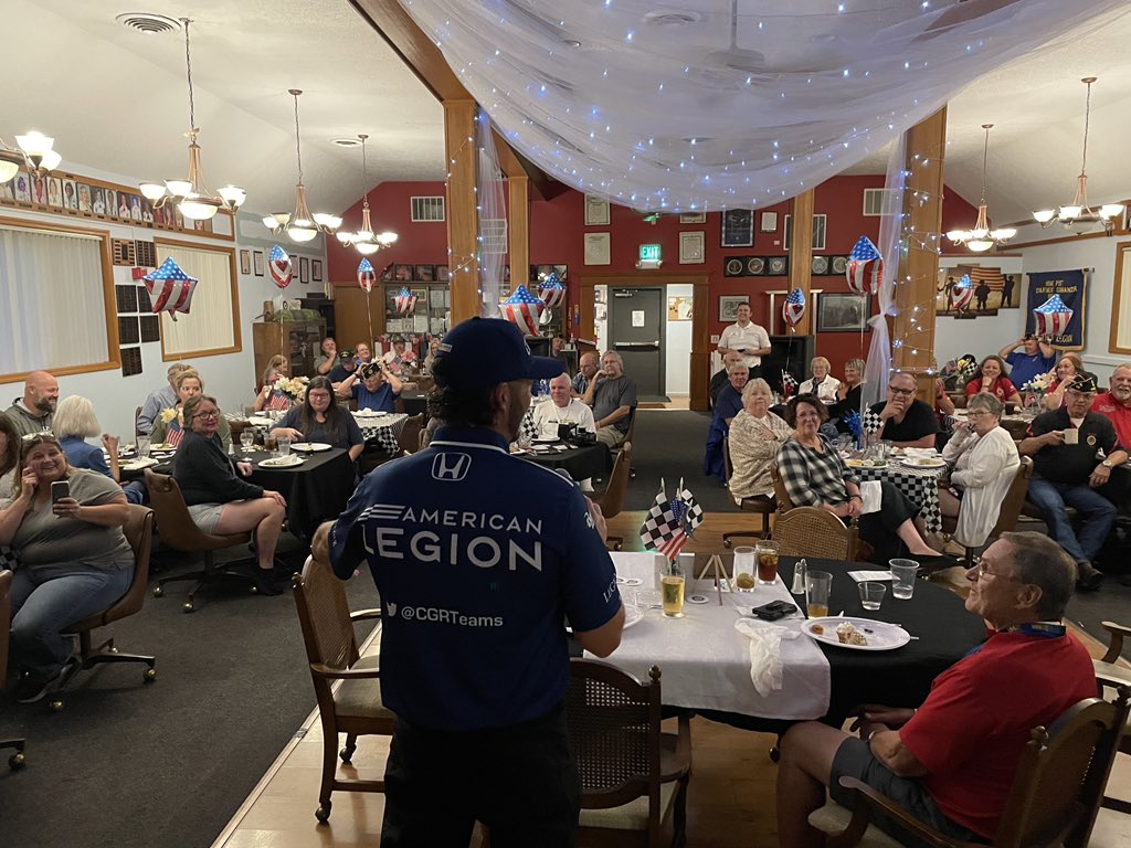 AmericanLegion's tweet photo. Tyler Rees, crew chief of The American Legion-@CarvanaRacing #48 car driven by @JimmieJohnson, stops by American Legion Post 104 in Aloha, Oregon. Tyler, JJ &amp; the crew in town for #PortlandGP. @CGRTeams @IndyCar @Portland_GP #INDYCar #NoFinishLines https://t.co/zLjkSP865m