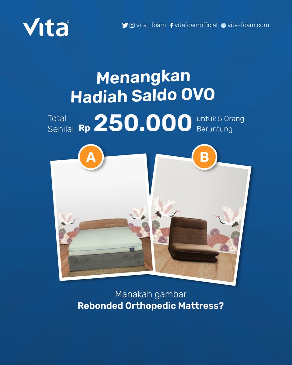 vita_foam's tweet photo. Menangkan HADIAH saldo OVO total senilai Rp 250.000 untuk 5 orang pemenang!

Yuk tebak, manakah gambar Rebonded Orthopedic Mattress? Balas tweet ini untuk menjawabnya!

#KuisVitaFoam #HighDensityMattress https://t.co/EOoDImBytk
