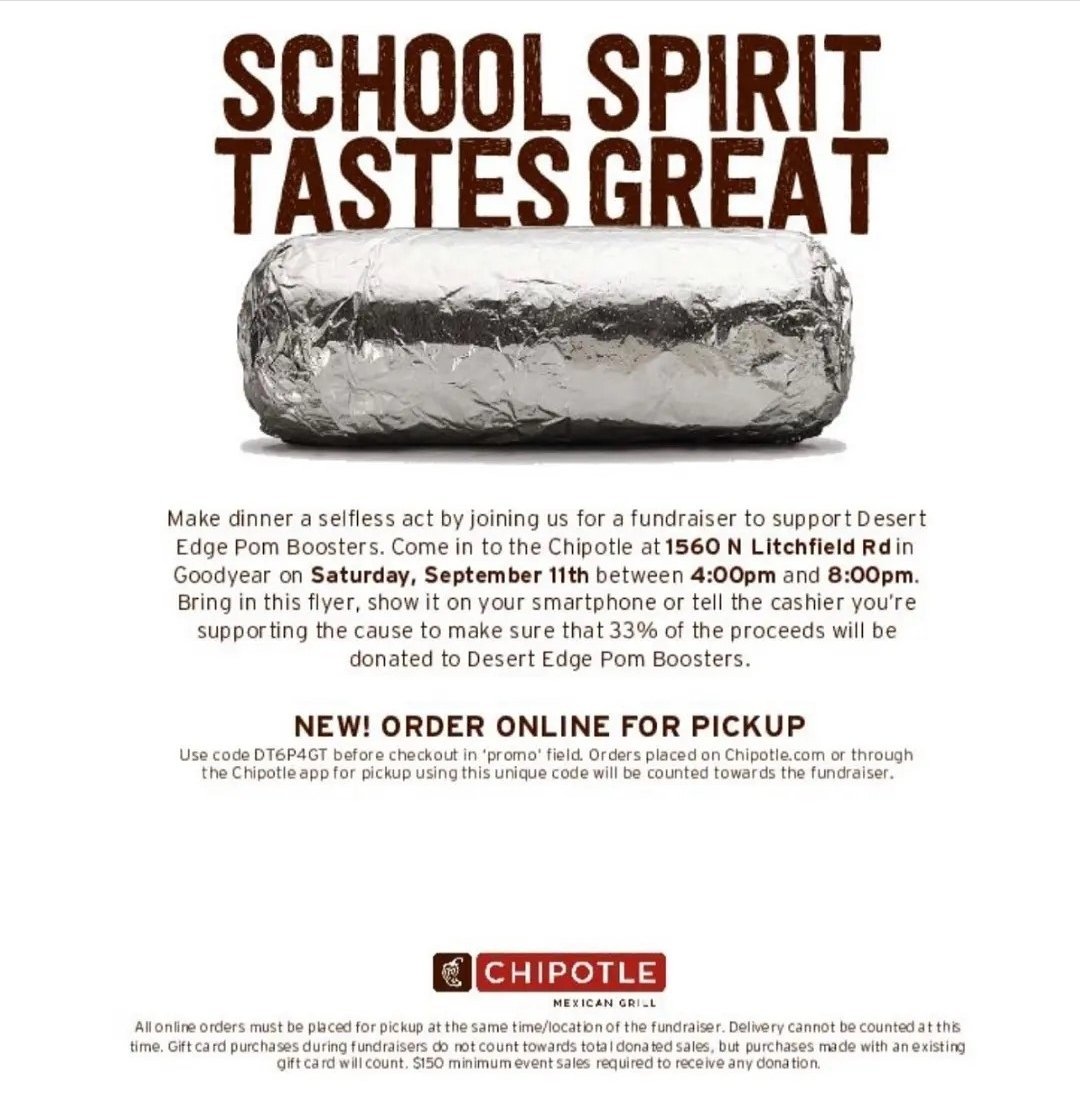 Join the #DEHS Pomline tomorrow, September 11th between 4pm - 8pm to show your support!
.
➡️ Just bring in this flyer, pull it up on your smart phone and tell the cashier you're supporting the cause. You can also order online using code "DT6P4GT".

.
#ChipotleFundraiser #DEHS