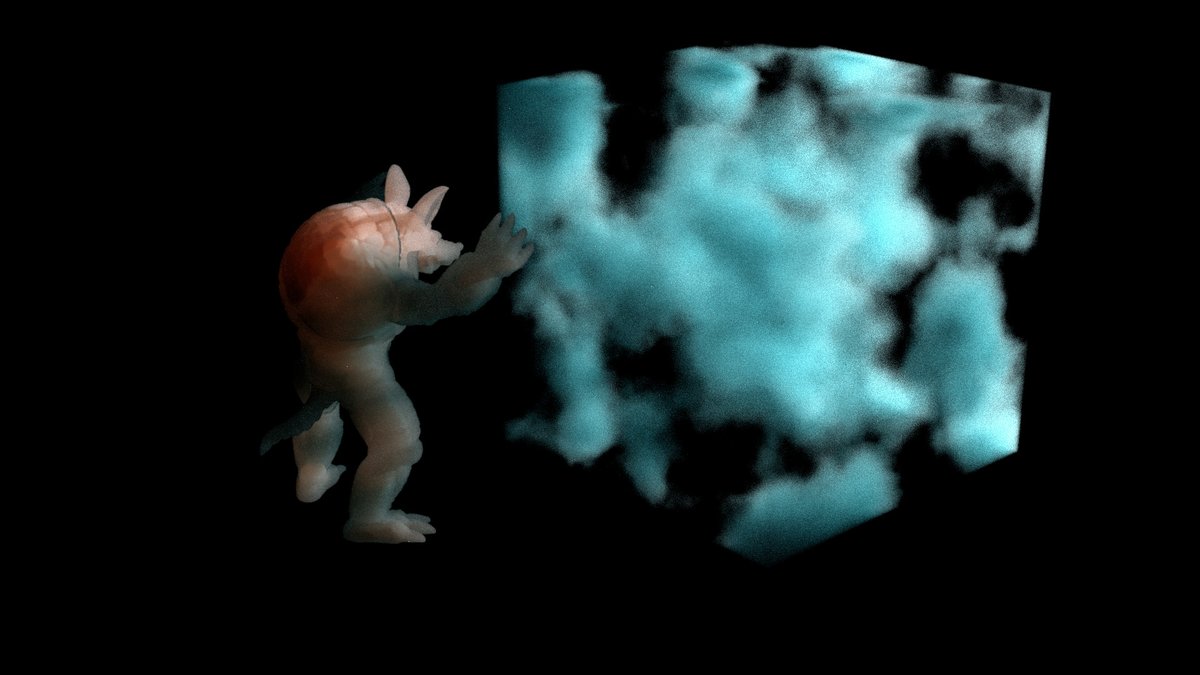 Got the geometric volumes and voxel volumes rendering together. And the transmittance estimation was quite good. This image is 0.19 seconds per sample. #VFXFriday