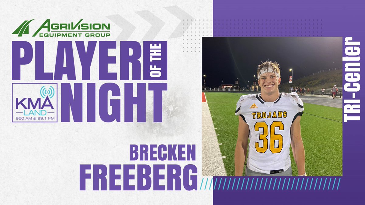 Tri-Center's Brecken Freeberg is our AgriVision Equipment Group Player of the Night! He's up next on AM 960, FM 99.1 or streaming at kmaland.com! <a href="/tricenterftball/">Tri-Center Trojan Football</a> <a href="/tctrojans/">Tri-Center Schools</a>