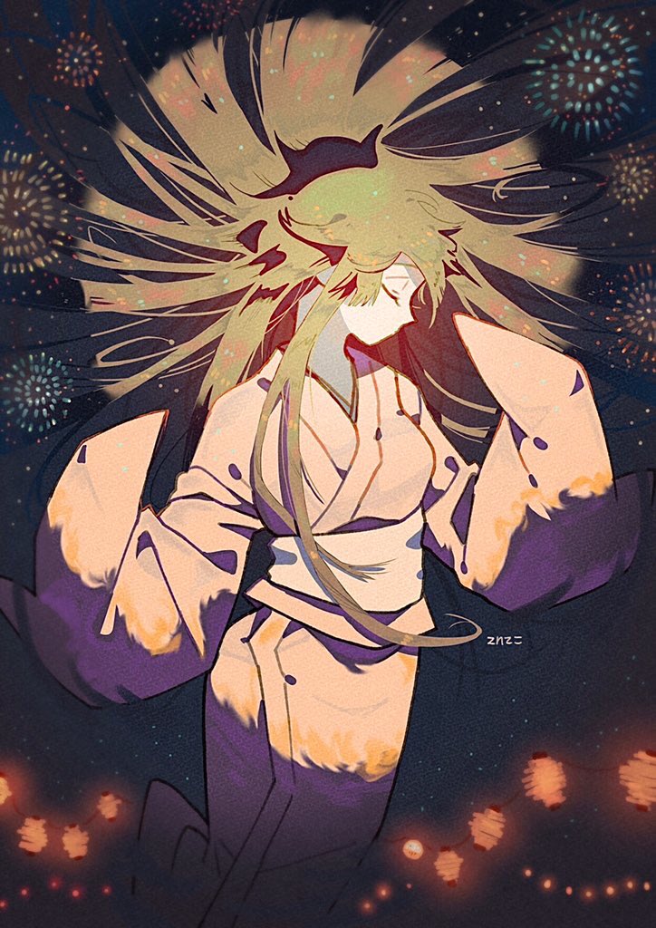 1girl kimono japanese clothes solo long hair closed eyes fireworks  illustration images