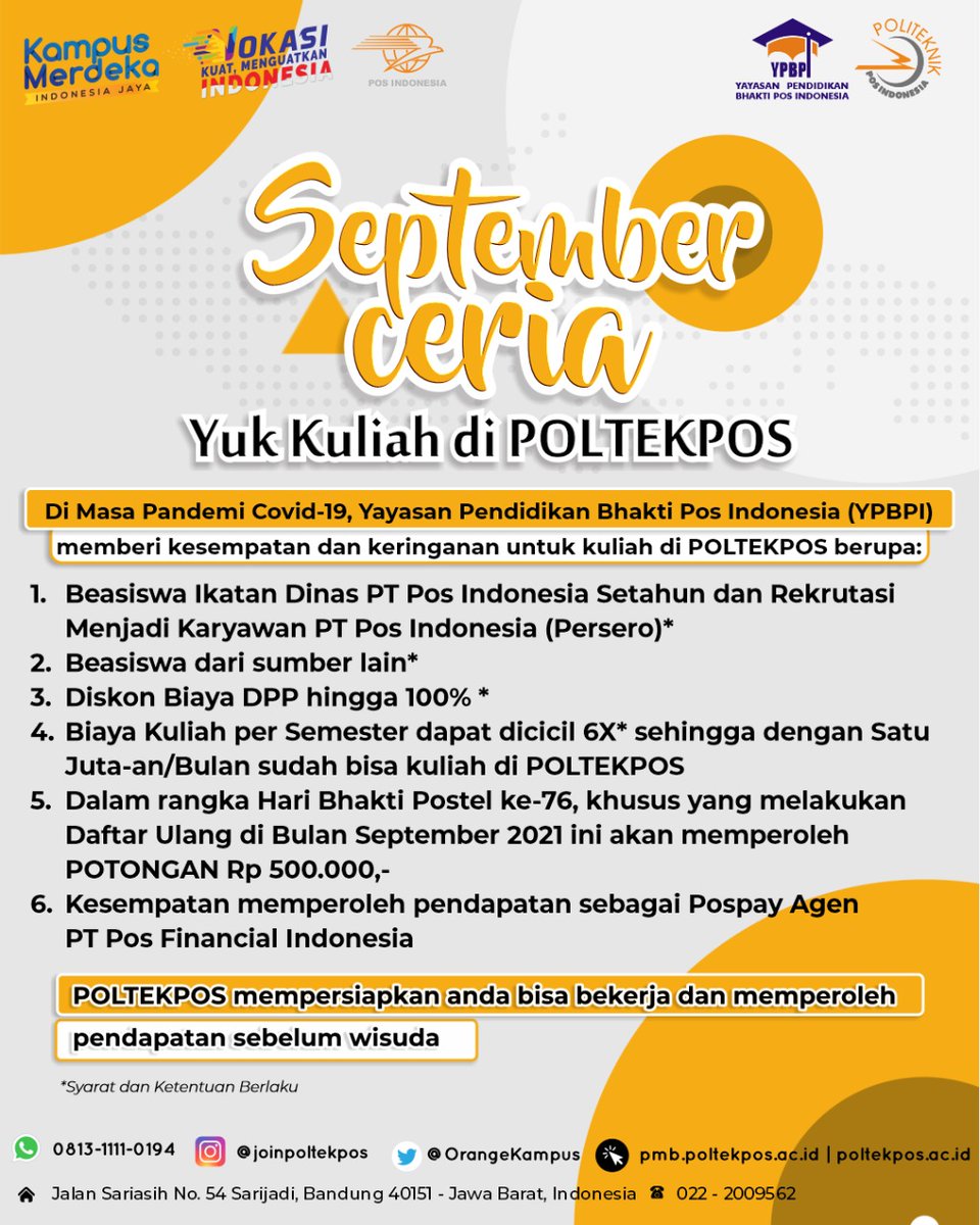 Admission_ULBI's tweet photo. Halo #SobatKampusOrange #Logisticians &amp; #Transporters

September Ceria Yuk Kita Masih Buka Penerimaan Mahasiswa Baru

Cuuus daftar sekarang...

#POLTEKPOS
#STIMLOG https://t.co/iCai329Eb7