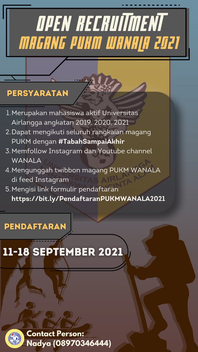 🚨 MAGANG PUKM WANALA 🚨

Salam Lestari!

Kemarin banyak banget yang nanyain magang di WANALA. Nih, admin kasih tau infonya! 

Buruan daftar &amp; jangan sampai ketinggalan, yaa!