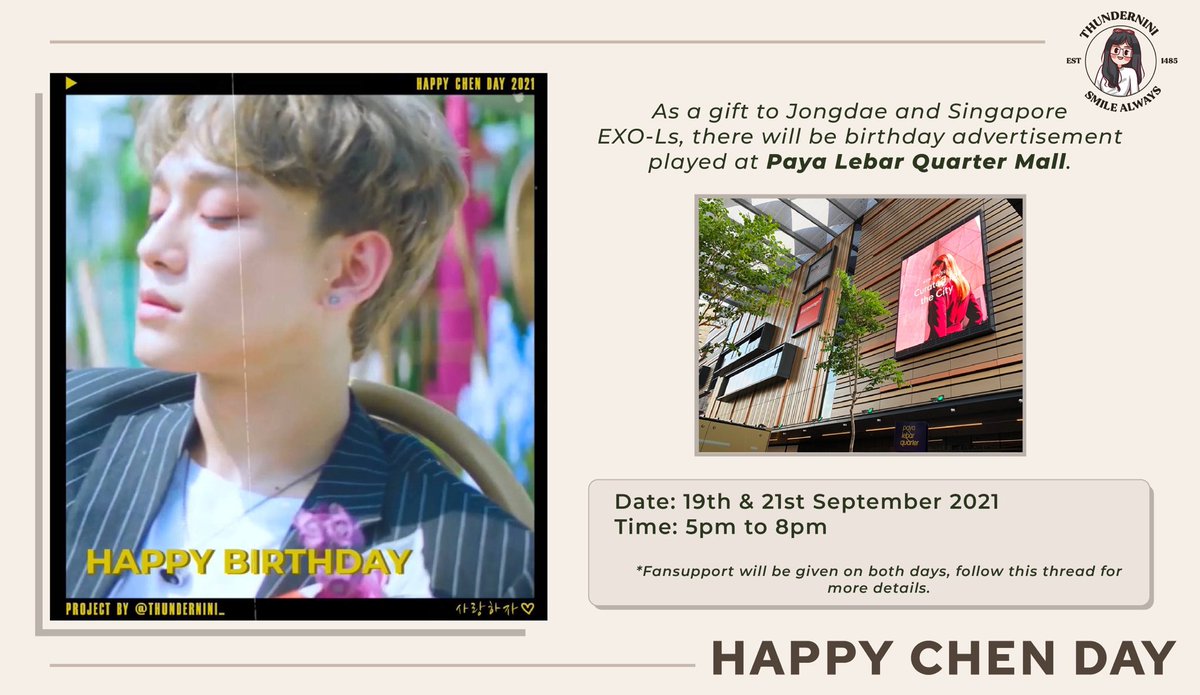 thundernini_'s tweet photo. ⚡️🌸

𝗛𝗮𝗽𝗽𝘆 𝗖𝗵𝗲𝗻 𝗗𝗮𝘆 𝟮𝟬𝟮𝟭 

➖In Singapore 

Birthday Advertisement at PLQ Mall
📆 19th &amp; 21st Sept
⏰ 5pm to 8pm

Fansupport details in thread!

#HappyChenDaySG 
#첸_노래해줘서_고마워  

Please help to retweet, thank you 🙏🏻 https://t.co/3qEgF8REvD