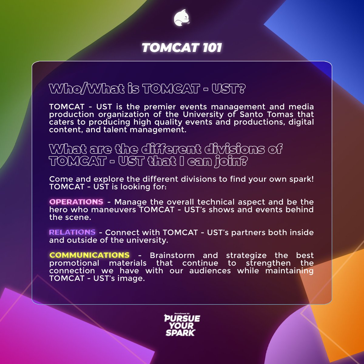 TOMCATust's tweet photo. Do you see yourself as a future Kitten in TOMCAT-UST? Get to know more about the FAQs on how to #PursueYourSpark with TOMCAT 101!

#USTRecruitment101 https://t.co/3HbpchdExd