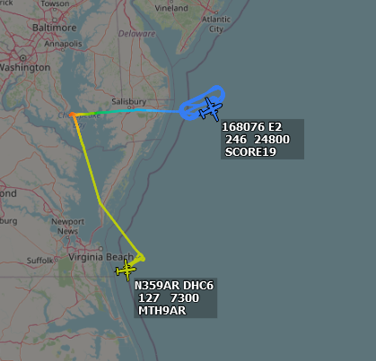 ameliairheart's tweet photo. 2x aircraft out of NAS Patuxent River, MD:
N359AR, DHC-6 with @MITLL, making collection tracks off the coast of Virginia Beach, VA.
168076, E-2D with US Navy, making racetrack patterns off the coast of MD inside the VACAPES OPAREA / Warning area W-386.
#ADSB #A4064C #AE2FD6 https://t.co/UwWa6XMAOc