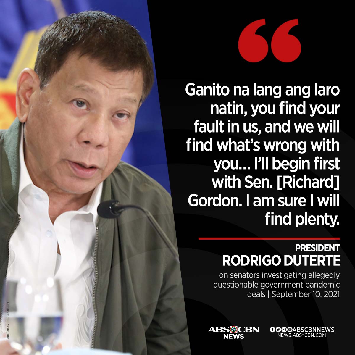 ABSCBNNews's tweet image. Hinamon ni Pang. Duterte ang mga senador na "maglaro" na lang ng hanapan ng mali sa pagpapatuloy ng imbestigasyon sa Senado kaugnay ng umano'y maanomalyang paggastos ng DOH sa #COVID19 funds.

BASAHIN: bit.ly/3C3BIeO