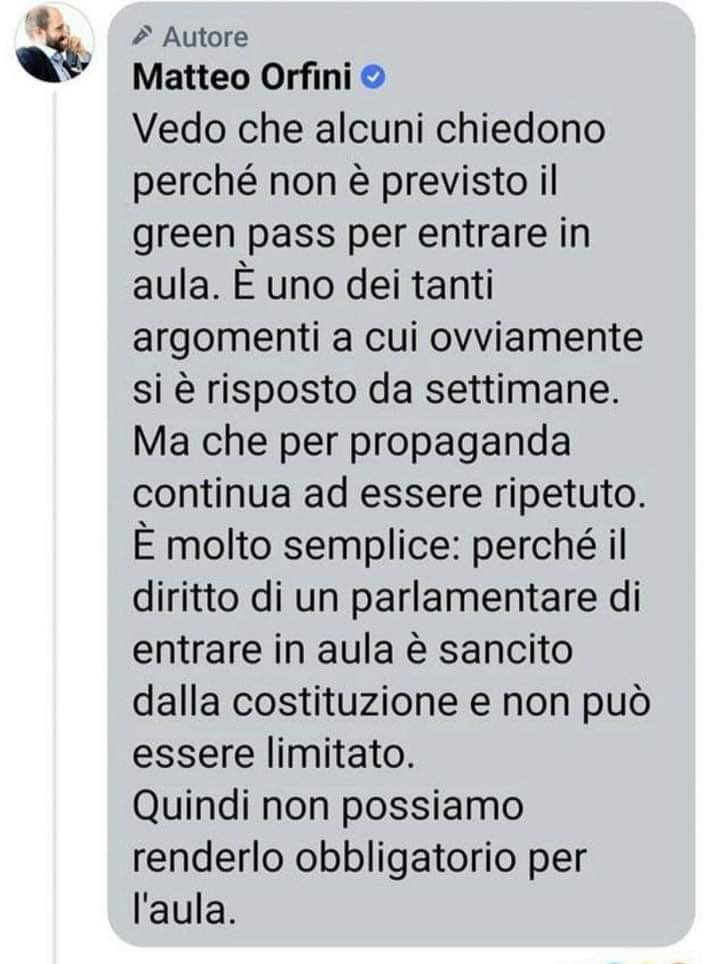 MarcoRizzoDSP's tweet image. #GreenPass. Cosi quelli in Parlamento sono più “uguali” degli altri. La Costituzione salvaguarda le guarentigie degli eletti ma non anche i diritti dei lavoratori?Questi del PD e chi sostiene il governo Draghi odiano il popolo.