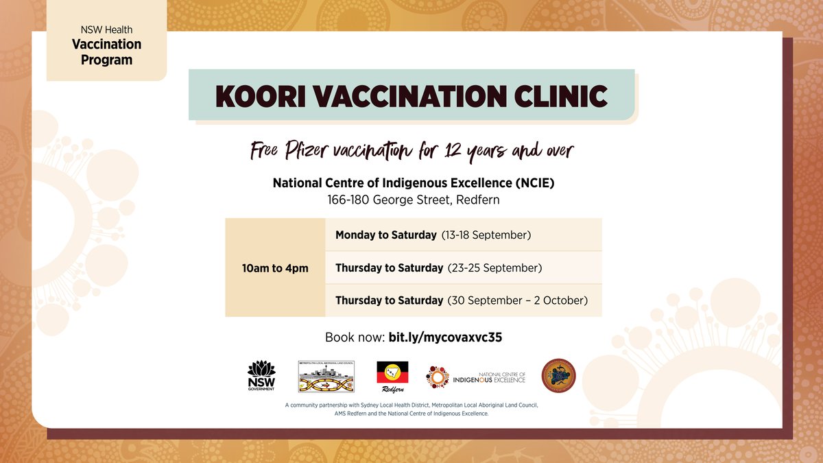 The Koori Vaccination Clinic is BACK at NCIE from Monday! Book today > bit.ly/mycovaxvc35 If you are unable to book online, staff will be at the clinic to help you. For inquiries about appointments, availabilities, & eligibility, call 1800 955 566 #StrongerTogether 🖤💛❤️