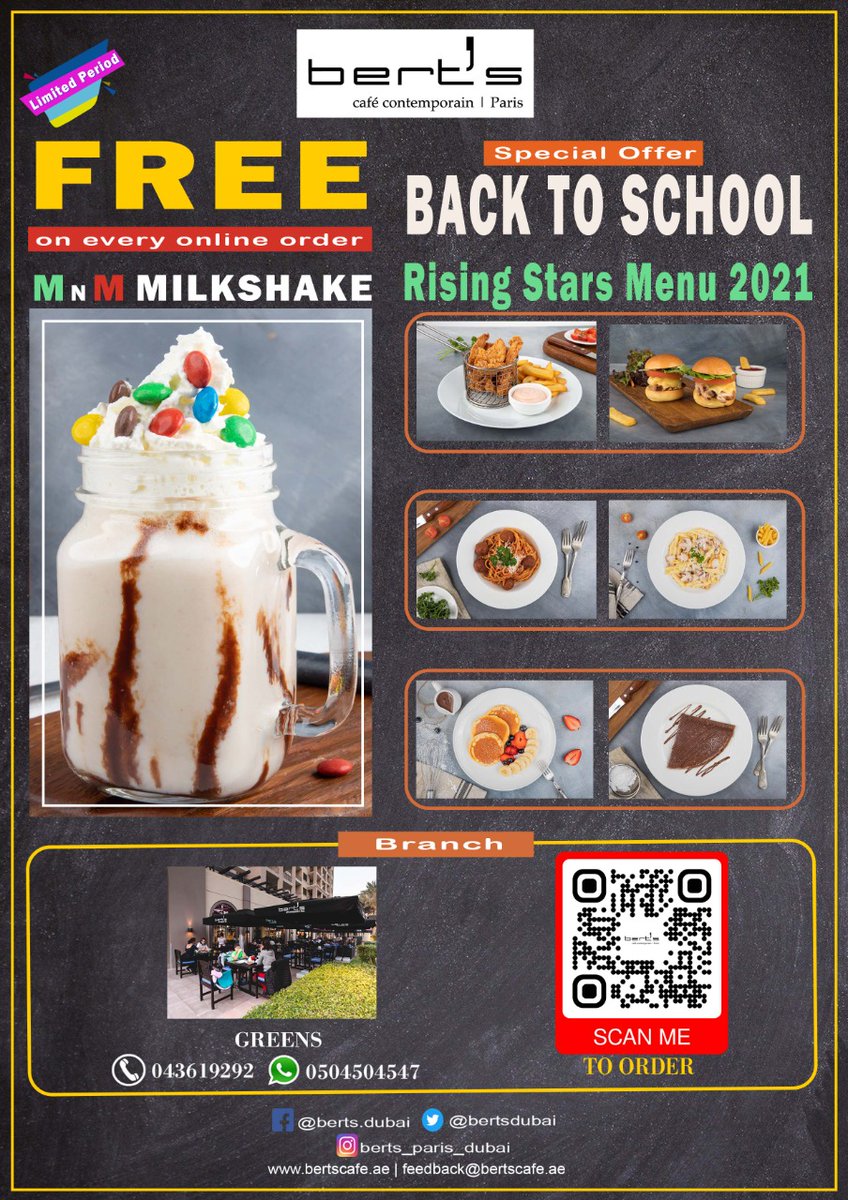 Celebrate Back to School at Bert’s Cafe with a delicious *M&amp;M shake *for FREE on every order of Kids Menu 2021. Click on the link to order:
GREENS :
order.chatfood.io/berts-cafe/del…
PRODUCTION CITY :
order.chatfood.io/berts-cafe/del…