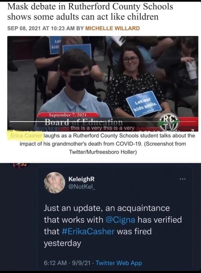 the_con_cept's tweet photo. So the woman who laughed at the kid asking people to wear masks and talking about how he lost his grandmother to Covid lost her jooooooobbbbb. #EricaCasher If she'd worn a mask, we wouldn't have even known who she is. https://t.co/xG52fEqTfq