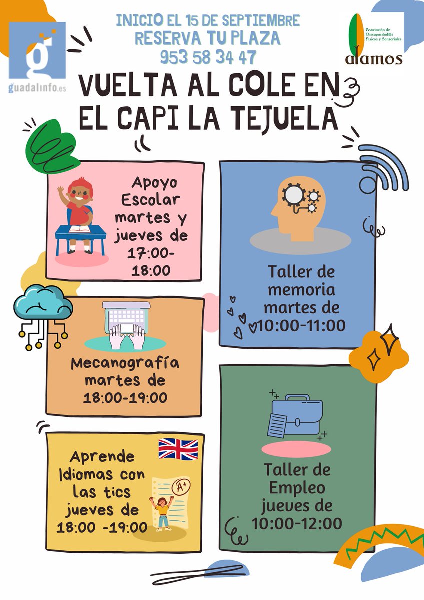 Llegó septiembre📆 y ... ¡la vuelta al cole!👩‍💻🧑‍💻
Si estás interesad@ no esperes más!⚠️⚠️ Reserva plaza ☎️ en el 953583447 (este número también tiene whatsapp)  🏢 en nuestra sede en C/Grecia 11 Bajo o 📧 por email en guadalinfo.tejuela3@guadalinfo.es 
PLAZAS LIMITADAS