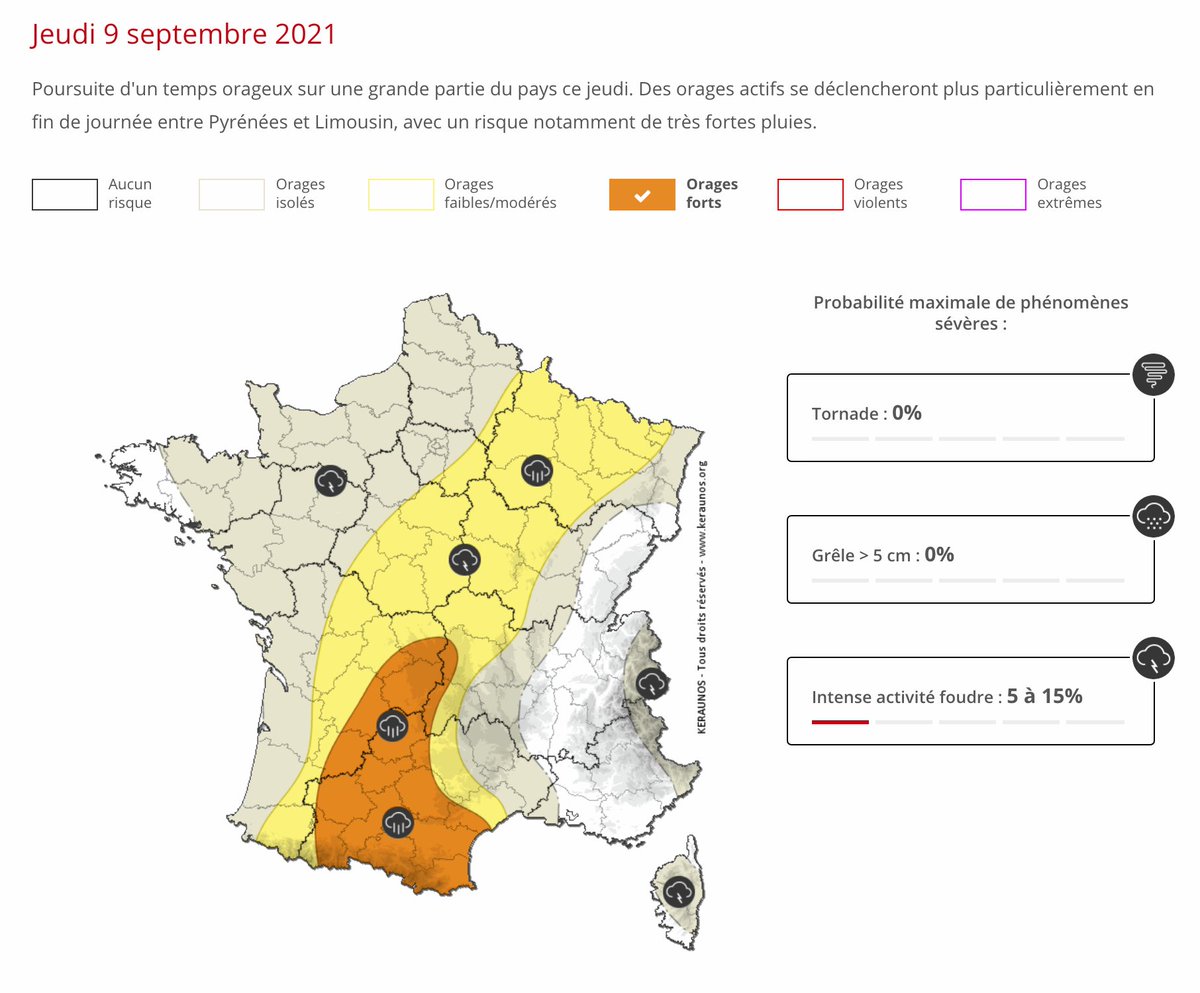 Poursuite d'un temps orageux sur une grande partie du pays ce jeudi. Des #orages actifs se déclencheront plus particulièrement en fin de journée entre #Pyrénées et #Limousin, avec un risque notamment de très fortes pluies. Bulletin complet -> 