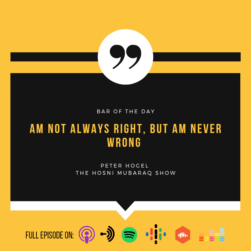 hosnimubaraq_'s tweet photo. "Am not always right, but am never wrong." ~  Peter Hogel 

🎧 E107 (AUDIO OUT)

Subscribe &amp; Listen live
https://t.co/KTS46o5vdX

New Episodes drop every Thursday, 6PM EAT

#HMSPodcast
#BTD
#UGPodcast https://t.co/qykHjUNUxc