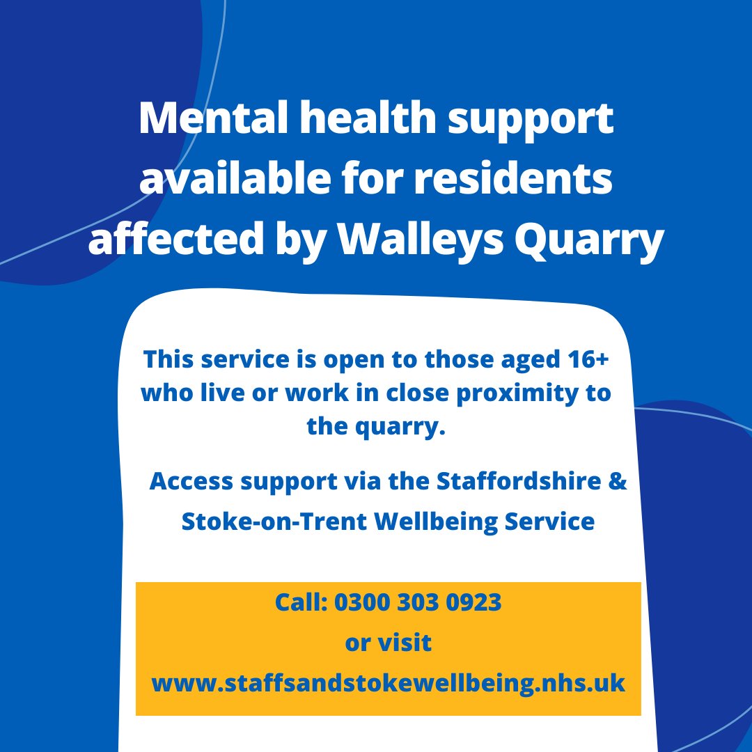 Additional mental health support available for residents affected by Walleys Quarry. ⬇️ 

This service, provided by <a href="/mpftnhs/">Midlands Partnership University NHS FT</a> in partnership with <a href="/NorthStaffsMind/">North Staffs Mind</a> and <a href="/ChangesHW/">Changes Health and Wellbeing</a>, is open to those aged 16+ who live or work in close proximity to the quarry. ☎️ ⭐️