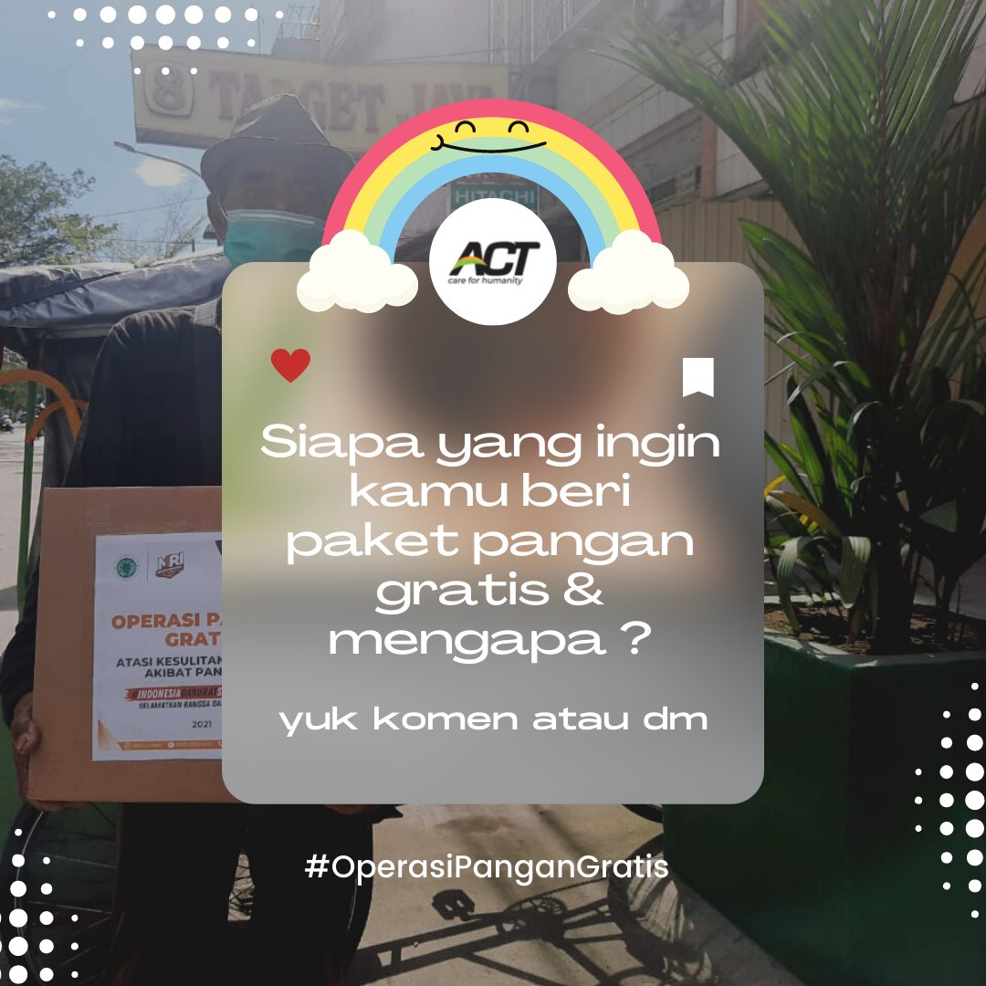 ACT_SulSel's tweet photo. Siapa yang ingin kamu beri paket pangan gratis &amp; mengapa ? Reply tweet ini atau via dm. Kalian juga bisa dukung program ini melalui CIMB NIAGA SYARIAH # 8600 0680 9700 | Konfirmasi transfer via WA ke 0821 9224 1414 #IndonesiaDermawan #Makassar #Sulsel #Sedekah #Berbagi https://t.co/SottEaUjOH