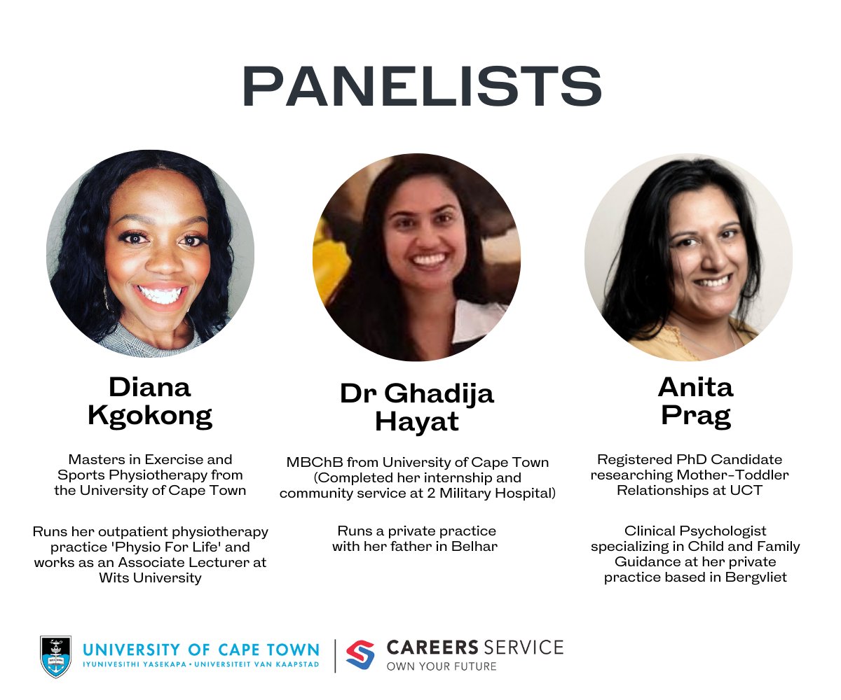 We’re excited to host physiotherapist Diana Kgokong, clinical psychologist Anita Prag and physician Dr Ghadija Hayat TOMORROW AFTERNOON at 3pm to chat about their unique careers in the healthcare sector. Book your seat here - mycareer.uct.ac.za/students/Event…