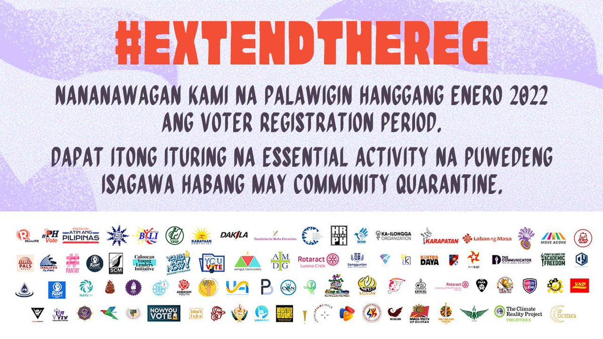 rapplerdotcom's tweet photo. EXTEND THE REG

The #PHVote coalition urges the Comelec to extend the voter registration, and calls on the IATF to make voter registration an essential activity. #PHVote #WeDecide #ExtendTheReg 

SIGN THE PETITION HERE: https://t.co/4kZcIuvapm https://t.co/BLe6k7i5Ef