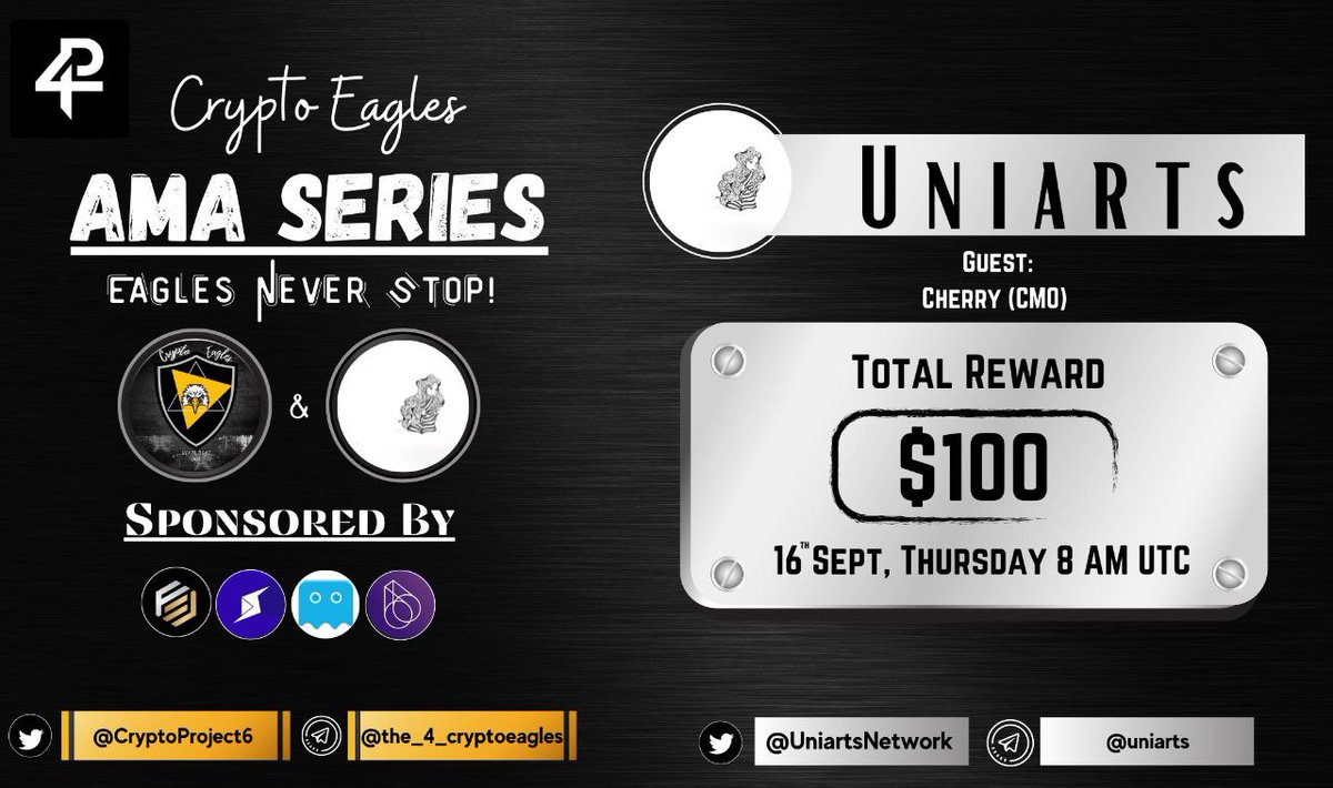 CryptoProject6's tweet photo. We are pleased to announce our next AMA on September 16 , 2021 at 8:00 AM UTC
 
@CryptoProject6

 x 
@UniartsNetwork

Reward : 100$
For AMA details:
https://t.co/U7N8rcQxIu
Requirements:
Follow :-
@UniartsNetwork
 &amp; 
@CryptoProject6

Like, RT, Tag your 3 Friends https://t.co/KRL6W314JD