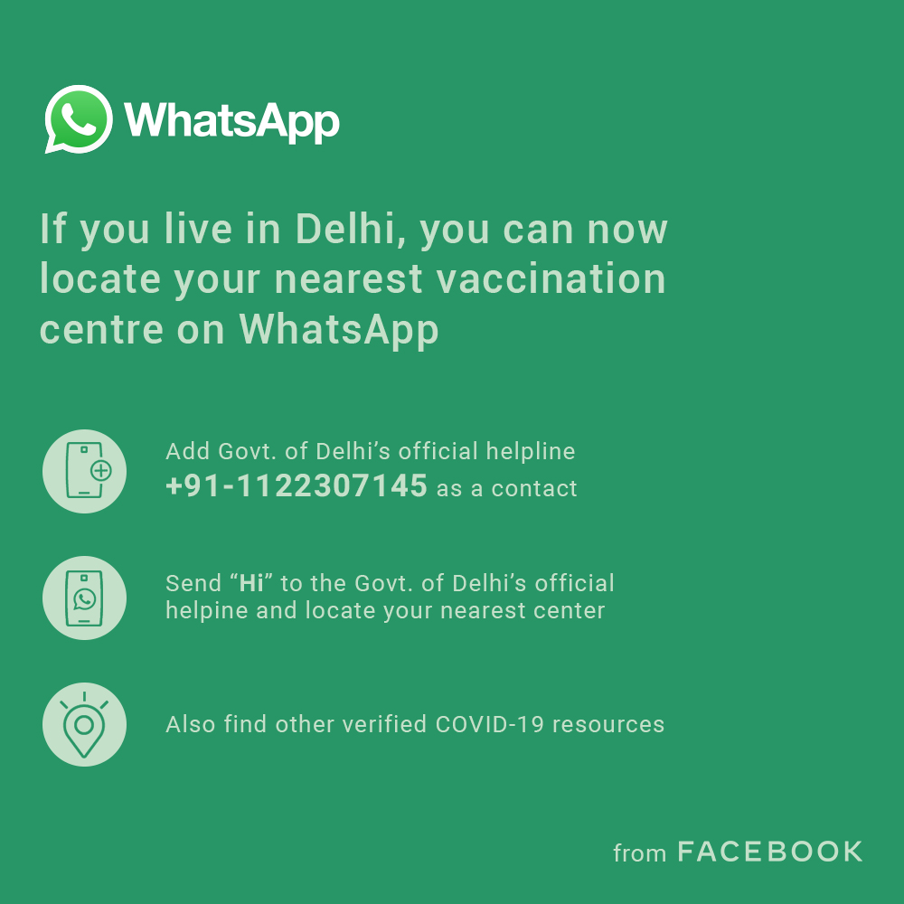 People in Delhi can now locate their nearest #vaccination centre on the #GovtofDelhiHelpdesk on <a href="/WhatsApp/">WhatsApp</a> that enables access to Covid-19 resources. Just send ‘Hi’ to wa.me/911122307145