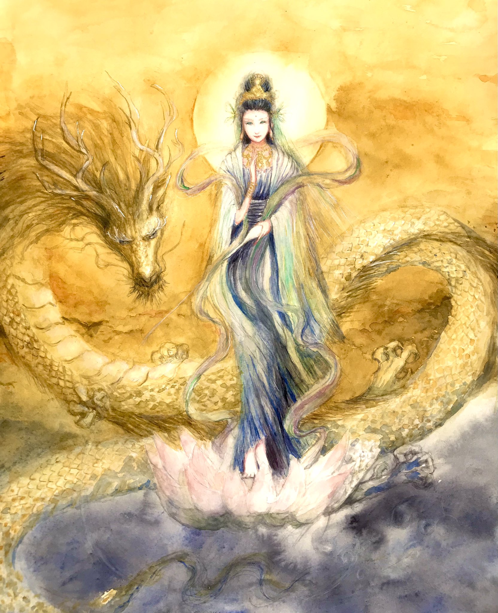 観音様と白龍の風水画 Amazon.co.jp: 北条裕華 龍上白衣観音 F4号 高精彩工芸画 手彩