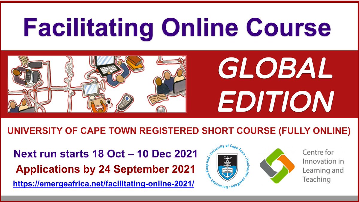 The e/merge Africa Facilitating Online course provides a solid foundation for facilitating online events and courses. Next online course: 18 Oct–10 Dec 2021. Applications on going until 24 Sept 2021. Info &amp; online application: emergeafrica.net/facilitating-o…