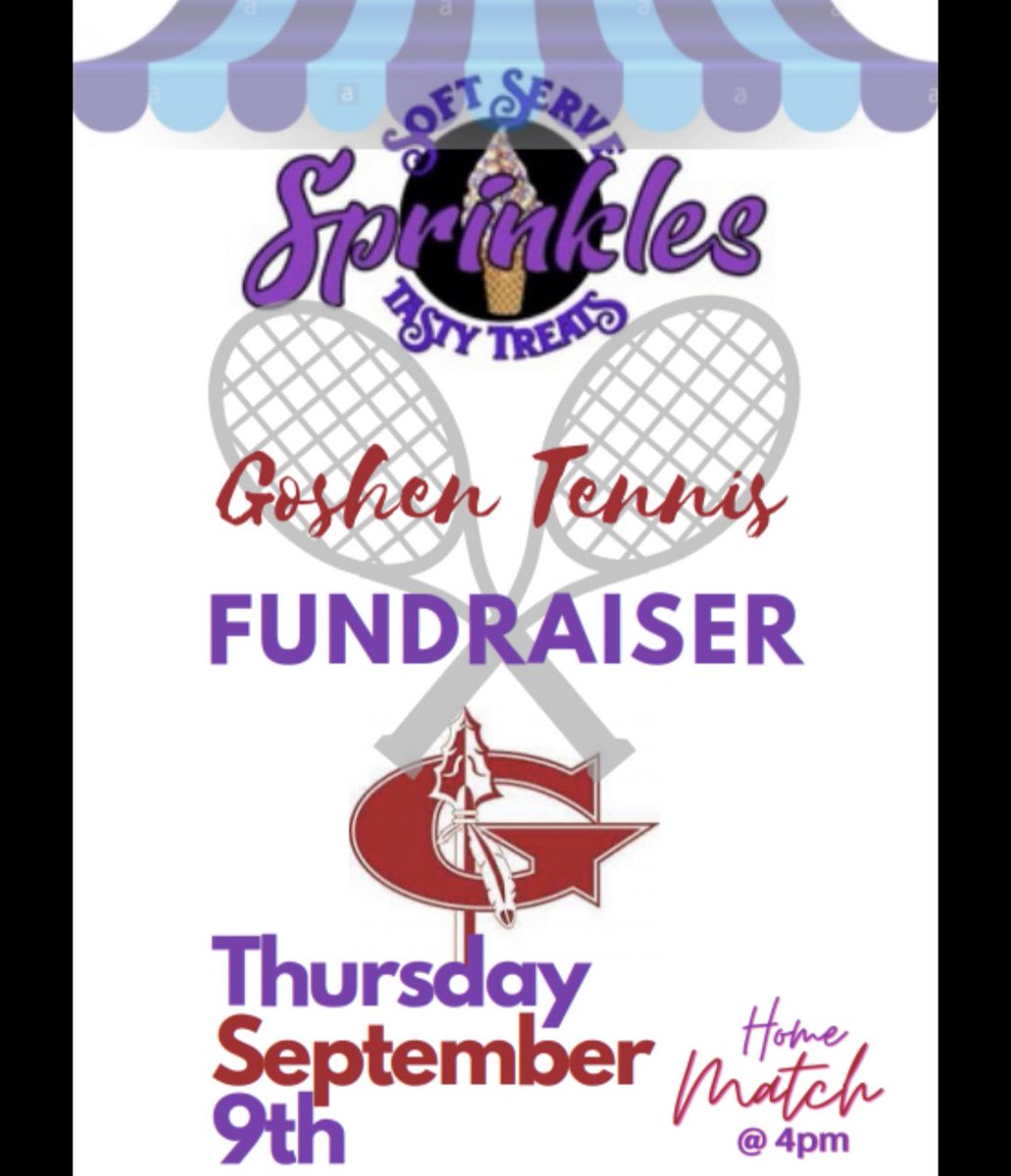 CoachKPollock's tweet photo. Support your undefeated Lady Warrior Tennis Team by going to sprinkles on Thursday, September 9th! Then head over to our home match @ 4pm @GoshenLocal @GoshenNewsN @GoshenWarriors @Goshen_Athletic @GoGHSVolleyball @GHSvarsityBsbl @AthleticGoshen @GoshenMH https://t.co/hCWKJoCmrC