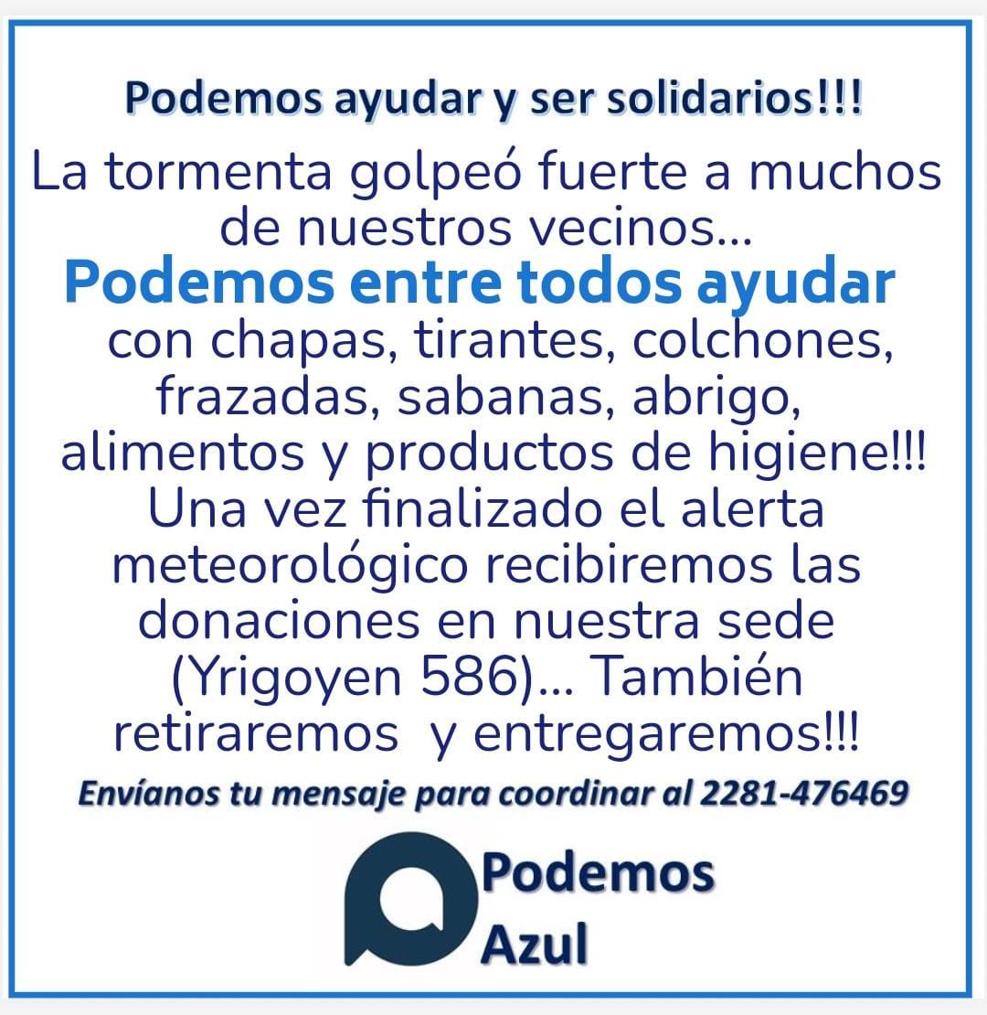 naty_colome's tweet photo. 🌧La tormenta golpeó fuerte a muchas personas y entre todos … 🙏🏻Podemos ayudar con chapas, tirantes, colchones, frazadas, sabanas, abrigo, alimentos y productos de higiene!!!
📲Envíanos tu mensaje para coordinar al 2281 476469
#PodemosAzul #Ayudar #Solidaridad #Vecinos https://t.co/Gqb3pl1lbX
