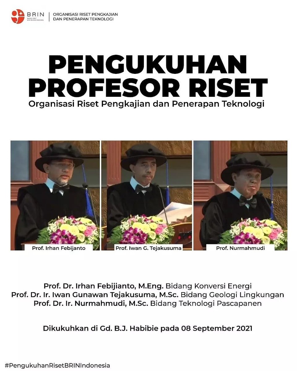 ptpsm_brin's tweet photo. Organisasi Riset Pengkajian dan Penerapan Teknologi (OR PPT) @brin_indonesia kukuhkan 3 Profesor Riset pada bidang konversi energi, geologi lingkungan, dan teknologi pascapanen. Ketiga profesor tersebut adalah Prof. Irhan Febjianto, Prof. Iwan Gunawan, dan Prof. Nurmahmudi. https://t.co/qdyCSKgl86
