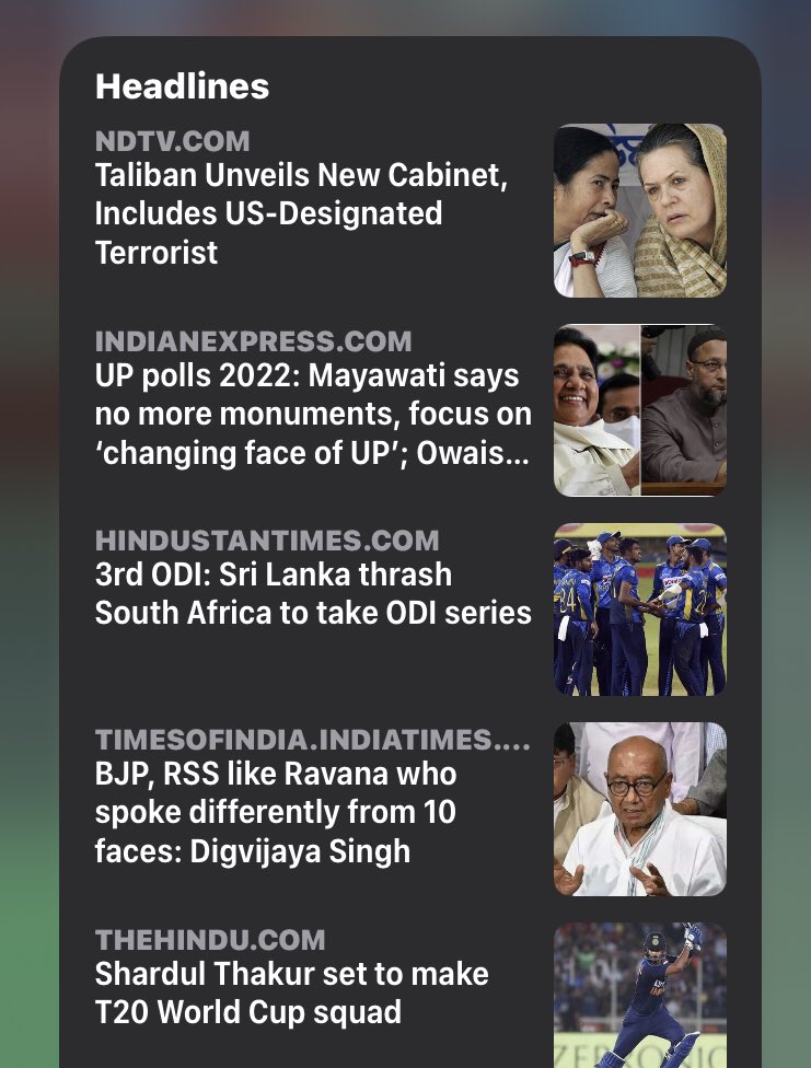 Shub_Ram2811's tweet image. What is NDTV trying to tell here? It could well be an issue with the news option by apple. Just look at the first headline ‘Taliban Unveils New Cabinet’ and in the frame you have two strong female politicians… #technologyfailure