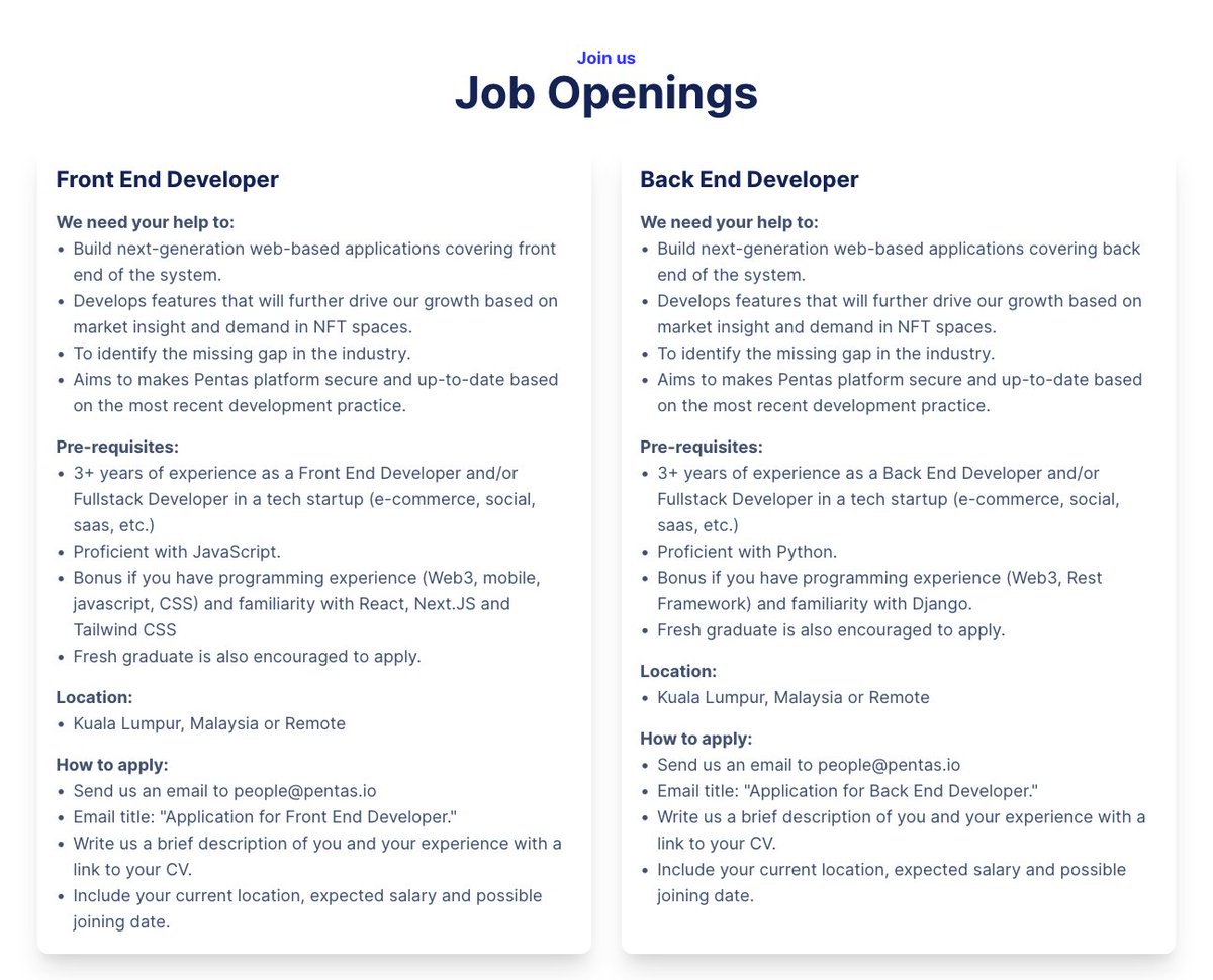 It's fantastic news for everyone and all the Pentasian. We already publish information about job openings. We require a few developers as well as a UI/UX designer. Inform your friend if they meet the criteria. For more information, click here 👉pentas.io/career