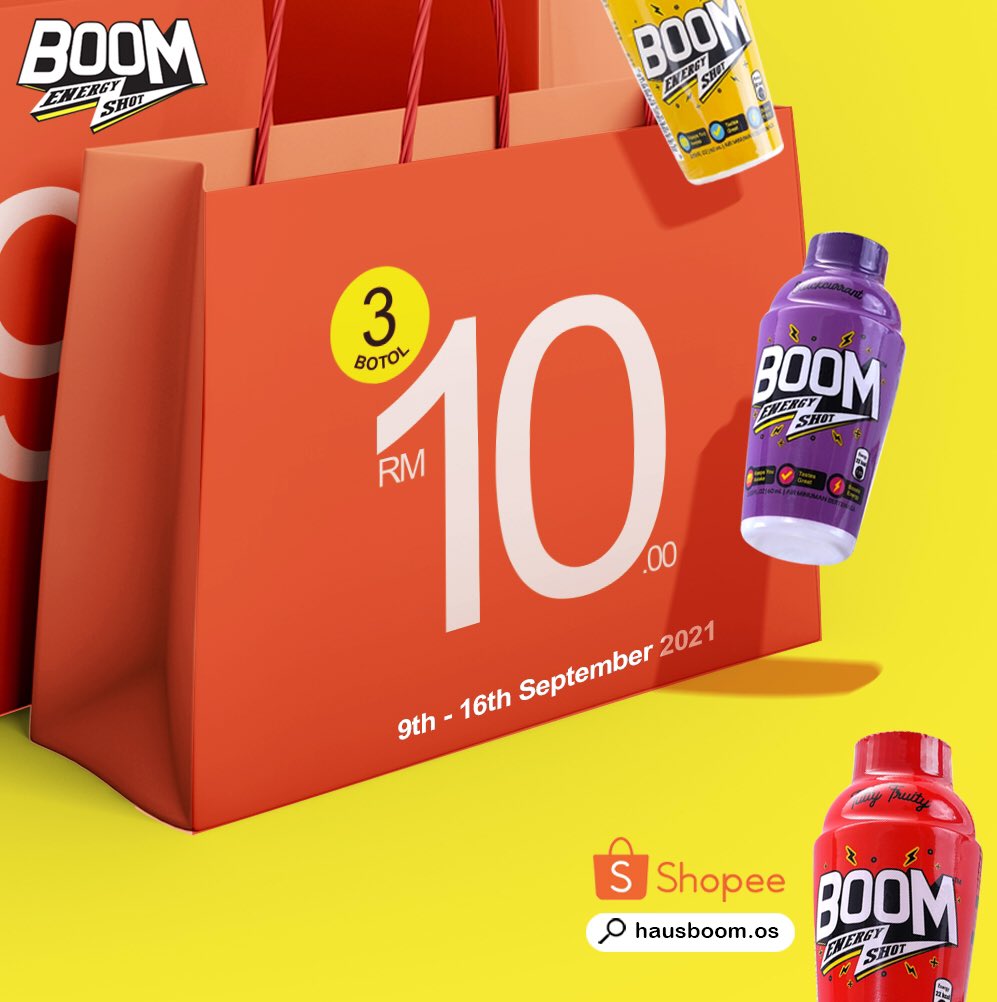 BoomBeverage's tweet photo. Shopee 9.9 Sales! Grab opportunity ni! 3 Boom Energy Shot dengan harga RM10 sahaja, eksklusif hanya di Shopee, search hausboom.os⚡

#shopee #sale
#boomenergyshot
#keepsyouawake
#nobodycaresworkharder https://t.co/zYHmYWBK1x