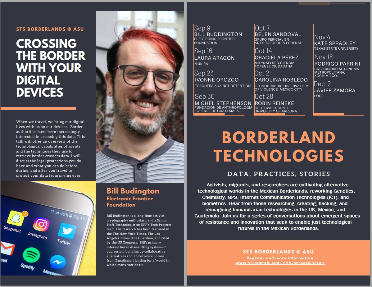 STSBorderlands's tweet photo. Tomorrow we will have a fabulous talk about digital devices and the border crossing with Bill Budington. You can register here: https://t.co/ya8f1OkV7d
Learn more about our speakers series: https://t.co/NPz9ghBxPa https://t.co/najj6ylJrq