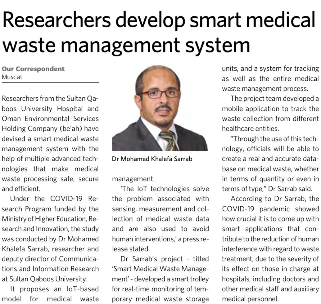 Researchers develop smart medical waste management system
<a href="/Omanbeah/">بيئــة | be’ah</a>
@omanmohe 
9\9\2021
<a href="/muscat_daily/">Muscat Daily</a>