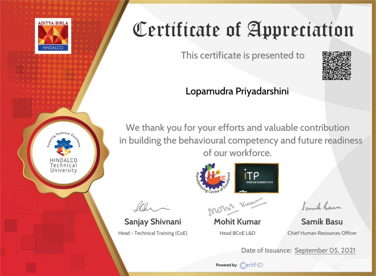 lopa3k's tweet photo. Learning goes hand in hand with Growth & Development. I am fortunate & stand privileged to be receiving the certificate of appreciation from Hindalco Technical University.
#Learning #Development #Growth #BehaviouralCompetency #Appreciation #Recognition #GrowthAndDevelopment https://t.co/R4mL8zYiUh
