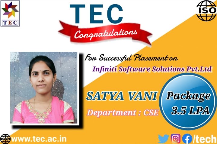 tadipatri_tech's tweet photo. #tectadipatri A big congratulations to the satyavani for getting placed in #infinitysoftwaresolutions with a package of 3.5 LPA.
#Tadipatri #achieveyourgoals #happiness #infinitysoftware #youngleaders #education #youngteam #successmindset
#engineeringchallenge #CSE https://t.co/MyZf3cIlxj