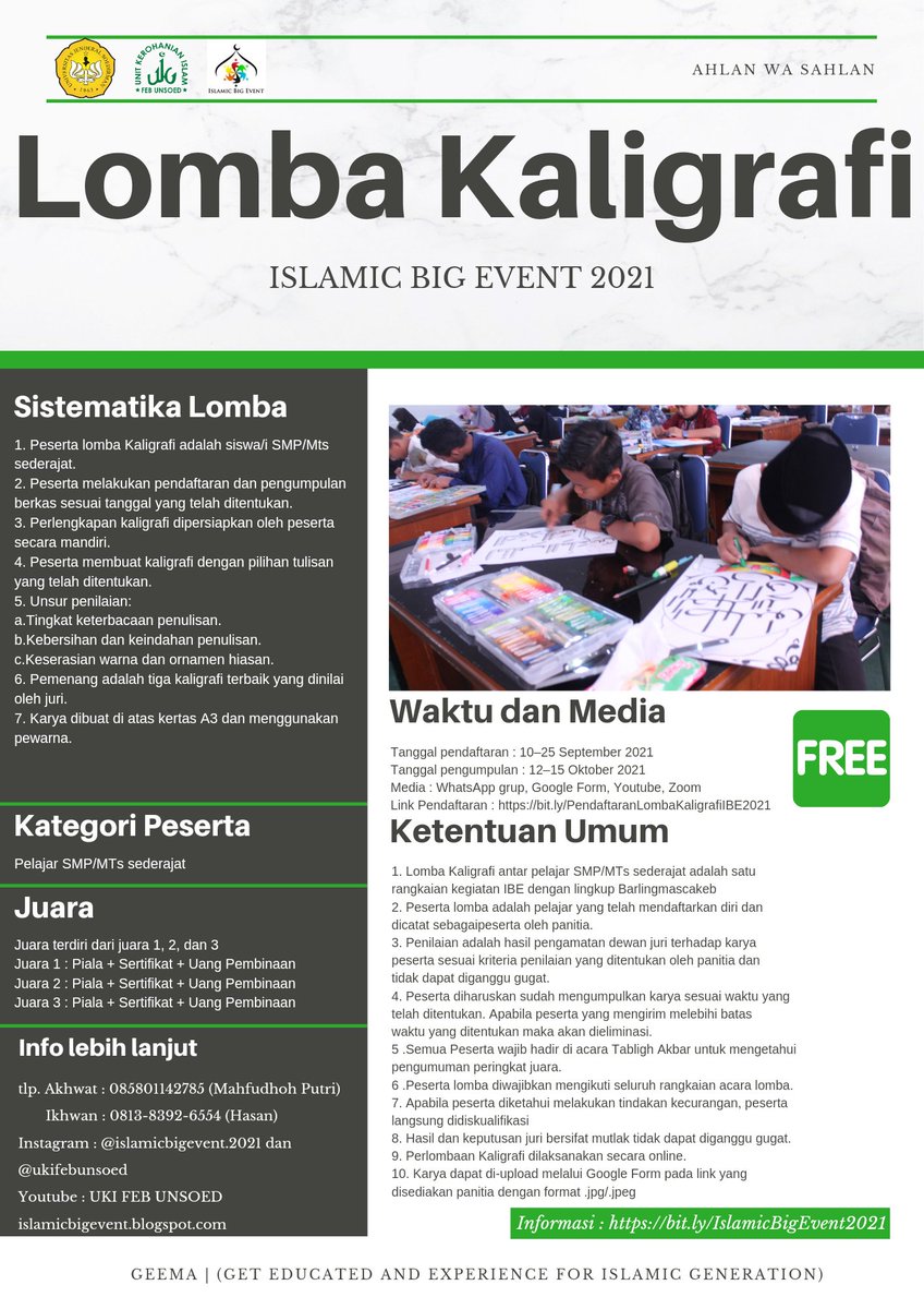 ibe_2021's tweet photo. Islamic Big Event 2021
Proudly present
"LOMBA DA'I CILIK, LOMBA KALIGRAFI, LOMBA MTQ, DAN LOMBA MHQ"
.
Untuk BOOKLET, Form Pendaftaran, Surat Pernyataan,  dan Form Pengumpulan File bisa diunduh di 👇👇👇 https://t.co/0gnpFcjrIv https://t.co/kIfVyy6vq7
