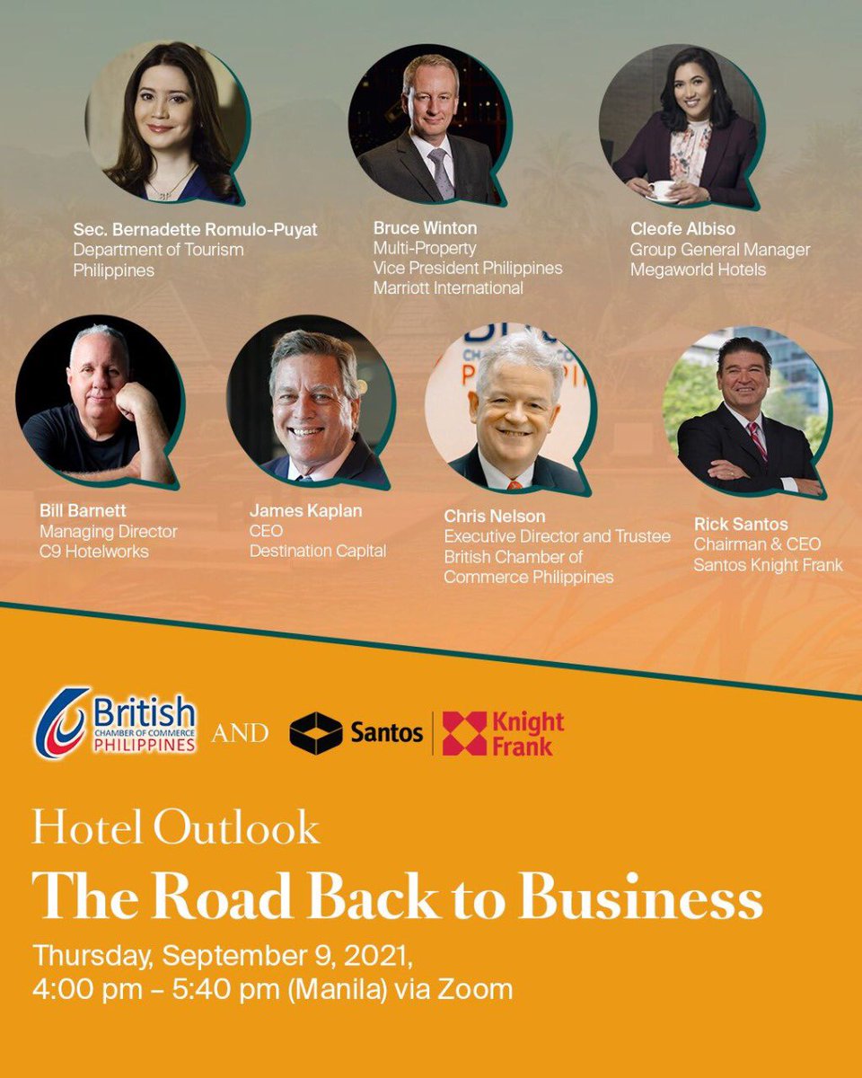 Happening today at 4:00PM! Learn about the state of the #hotel and #travel industry with our key speakers, including <a href="/DOTrPH/">DOTrPH 🇵🇭</a> Secretary Bernadette Romulo-Puyat. Register for free: zoom.us/webinar/regist… 

<a href="/OfficialBCCPhil/">British Chamber of Commerce of the Philippines</a> 

#webinar #tourismph #hospitalitysector #realestateph