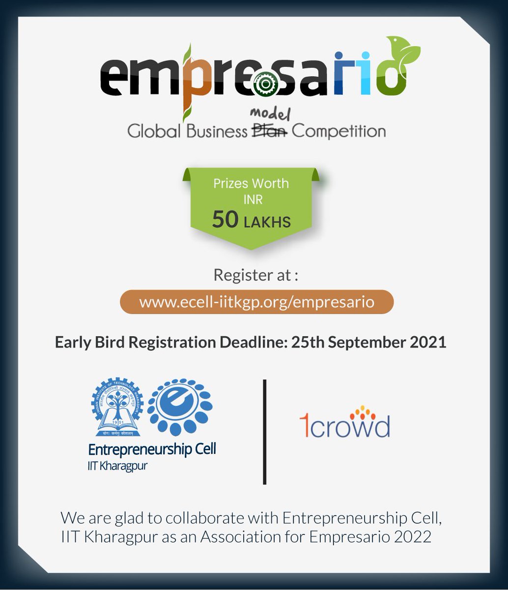 1Crowd is delighted to announce our association with <a href="/ecelliitkgp/">Entrepreneurship Cell, IIT KGP</a> for the Empresario Global Business Model Competition 2022.

Startups can register on this link: facebook.com/129788793265/p…

#Competition #startups