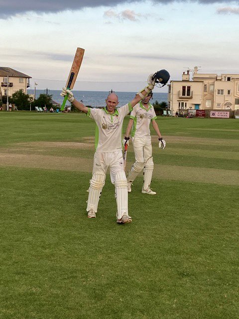 The feeling of getting that first century! By the sea, on tour, ☀️shining, your mates cheered every run from 50 on. The skipper has batted for near 2 hours, added 71 with no10 Tom Gidman, only 7 balls left &amp; pulls for 4 to go to 101no from 97 balls. Well batted @StewartPMoss 🌳🏏
