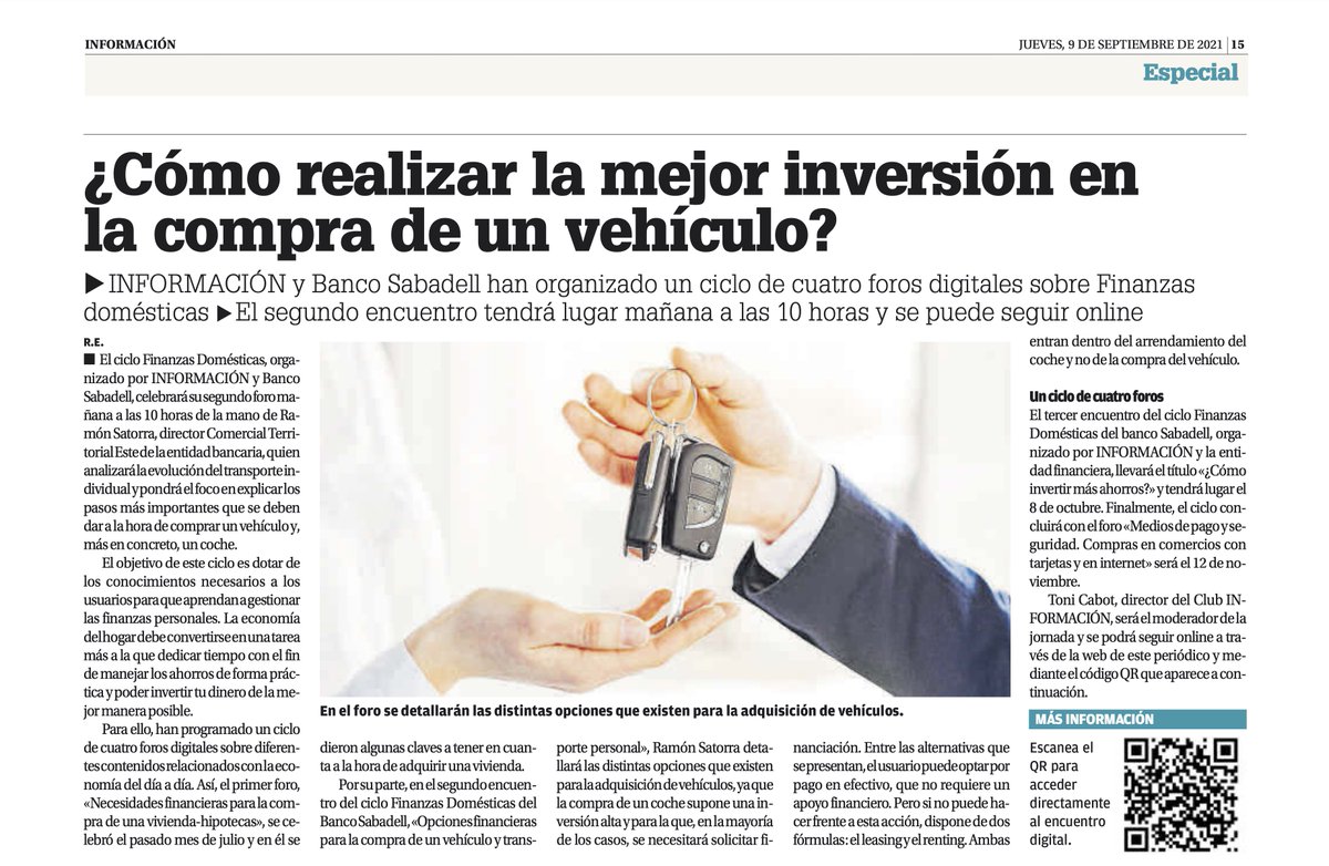 ¿Cómo realizar la mejor inversión en la compra de un vehículo?
<a href="/informacion_es/">INFORMACION.es</a> y <a href="/BancoSabadell/">Banco Sabadell</a> han organizado un ciclo de cuatro foros digitales sobre #EconomíaDoméstica. 
Puedes seguir la jornada del 19/09 (10h) #endirecto, aquí 🔴sab.to/3jyLi32
#EstarDondesEstés