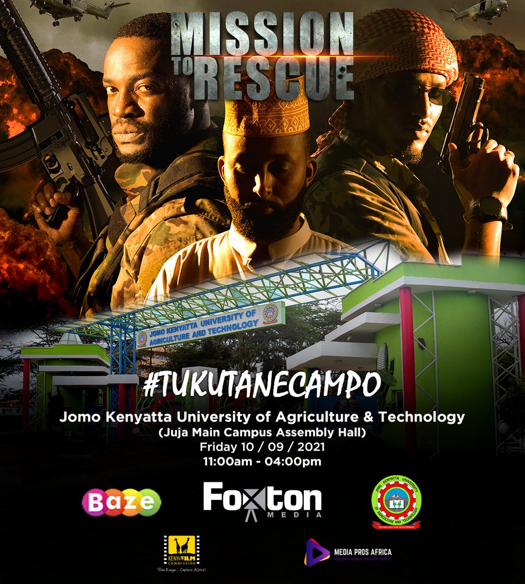 FoxtonMedia's tweet photo. This coming Friday, Jomo Kenyatta University of Agriculture and Technology will host its first campus screening of the award winning Film "Mission To Rescue" by Foxton Media.

This will be at the Juja Main Campus Assembly Hall starting at 11:00a.m to 4:00p.m.

 #TukutaneCampo https://t.co/cmp8ovgB6x