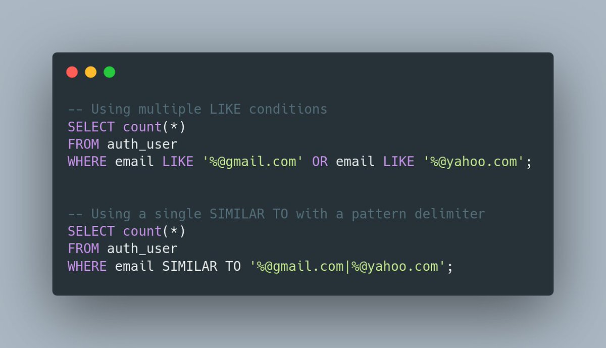 be_haki's tweet image. Cool #SQL trick in #PostgreSQL I just found:

You can match against multiple patterns using SIMILAR TO and &quot;|&quot;

Looks so trivial, but I always used multiple conditions using LIKE and OR. This is much better 👌

postgresql.org/docs/current/f…